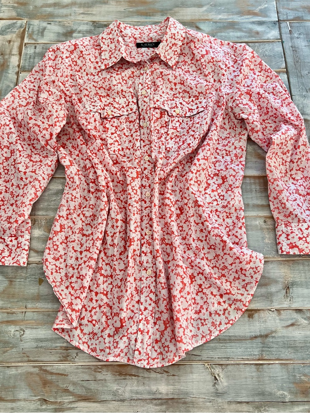 Lauren Ralph Lauren Women’s XL Floral Button Down Shirt Red White Long Sleeve